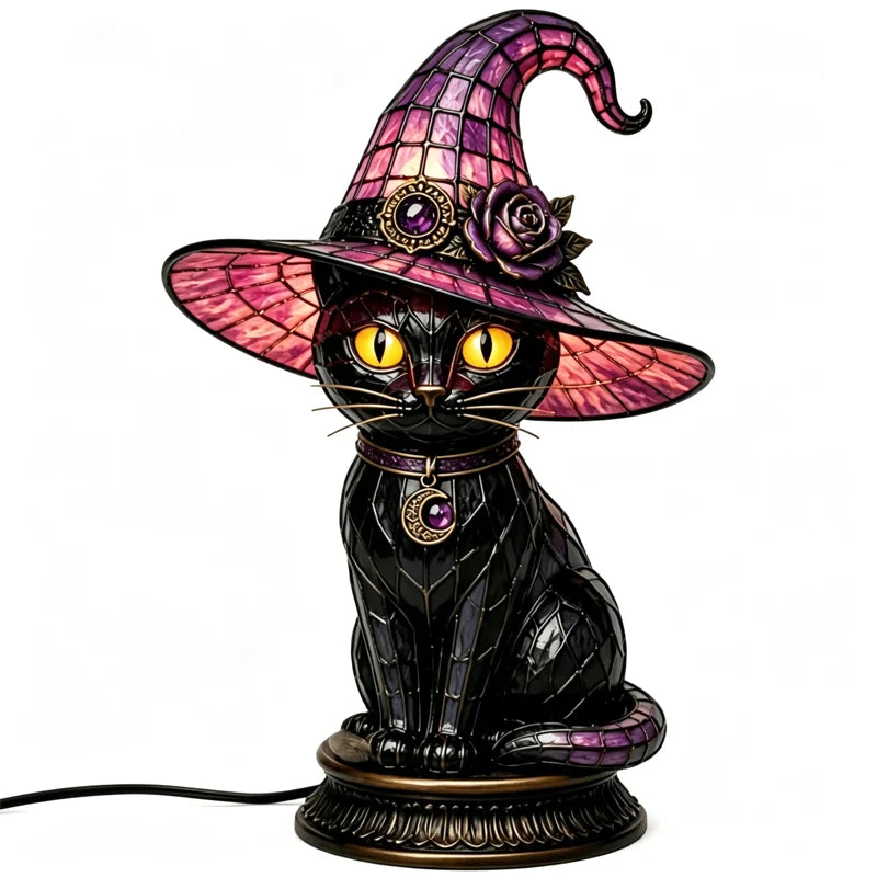 🐱🎩Figurină Decorativă Pictată Manual cu Pisică Neagră și Pălărie de Vrăjitor