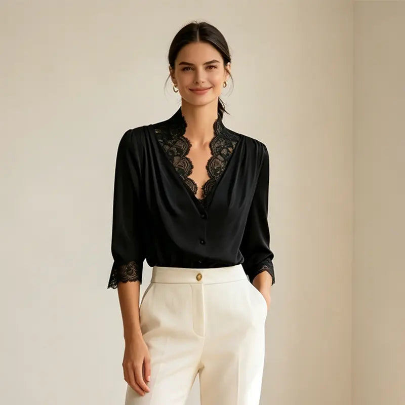 🤍【Eleganță instant la purtare】Cămașă din satin cu inserții din dantelă în stil francez
