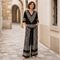 Compleu Premium de Damă din 2 Piese, Stil Boho Chic cu Imprimeu Etnic, Bluză cu Decolteu în V și Pantaloni Largi Eleganți