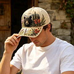 🛍️ Ediție Specială Retro: Șapcă de Vară cu Tematică „Great Smoky Mountains” ✨ Design deosebit cu Urs Negru și Flori de Câmp | Șapcă de Baseball Ajustabilă, Stil Outdoor Vintage