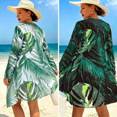Costum de Baie 3 Piese Tropical: Top cu Șnur, Pantaloni Scurți și Halat din Plasă Anti-Soare, Mărimi S-2XL