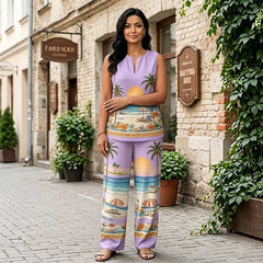 Compleu Damă de Vară din 2 Piese: Top Fără Mâneci și Pantaloni Largi, Model Degradat cu Imprimeu Vintage, Material Moale și Respirabil