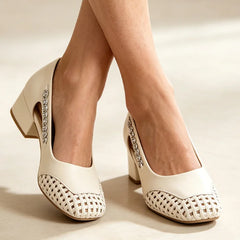 👡Pantofi cu toc mic vârf pătrat design împletit și aplicații cu strasuri