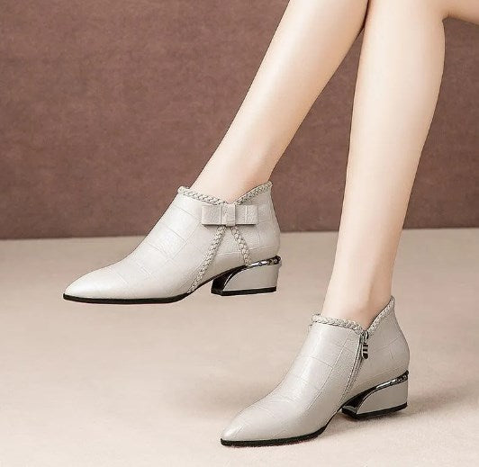 🔥Reducere La Produs Nou – În Curând Revine La Prețul Inițial🎀Botine Cu Toc Mediu, Fundă Decorativă și Fermoar Lateral