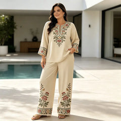 Costum de Vară din In Dama de 2 Piese, Bluza Lejeră cu Imprimeu Floral și Pantaloni Largi, Material Moale, Respirabil și Prietenos cu Pielea