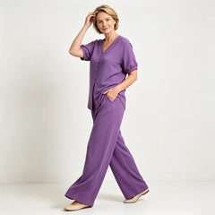 Costum Plus Size de Damă din 2 Piese, Bluză Lungă Plisată cu Nasturi și Pantaloni Lungi Largi, Set Lejer și Subțire care Ascunde Abdomenul