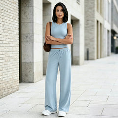 【Top fără mâneci elastic + pantaloni largi】Set casual din bumbac uni, confortabil