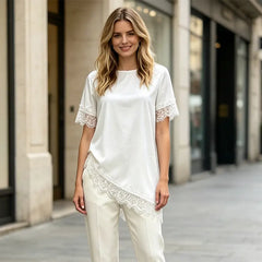 👚Top cu mânecă scurtă din satin, cu inserții de dantelă în stil francez, elegant și rafinat