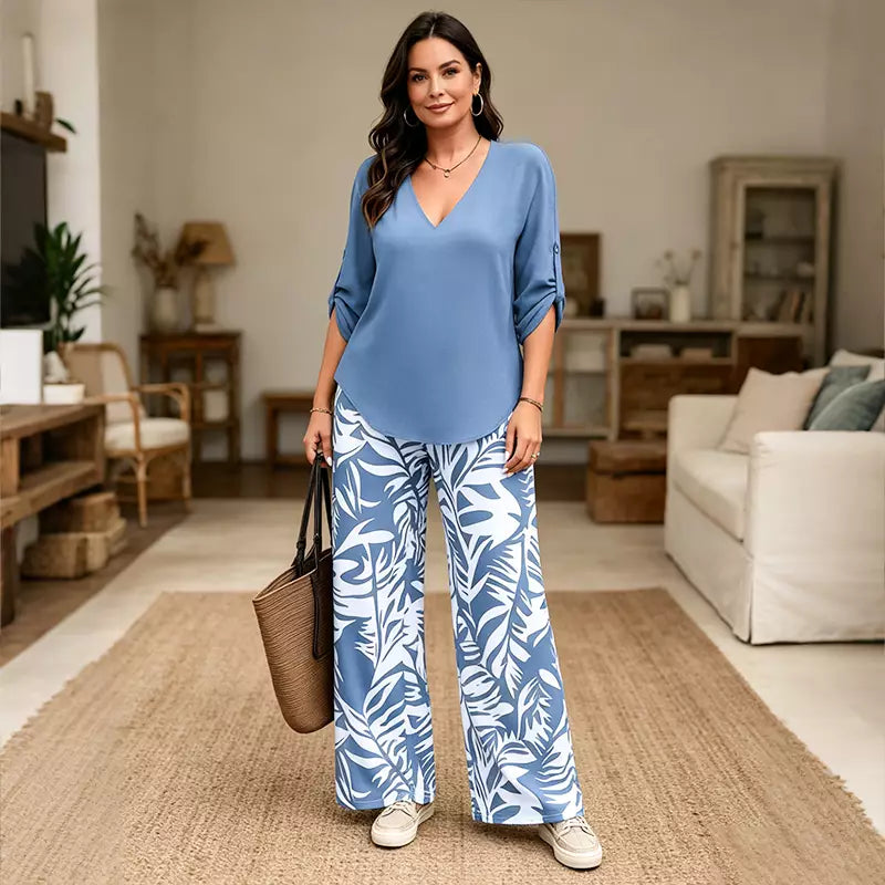 Set de Damă din 2 Piese de Vară – Bluză cu Guler în V și Pantaloni Largi cu Imprimeu Tropical, Stil Casual