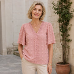 Bluză cu mânecă scurtă, decolteu în V, jacquard și dantelă în stil francez elegant