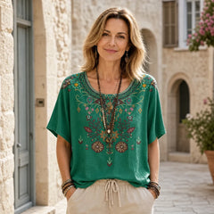 Bluză de Vară Stil Boho Chic pentru Femei, Cămașă Retro cu Imprimeu Etnic Floral, Top Lejer cu Mânecă Scurtă și Decolteu Rotund