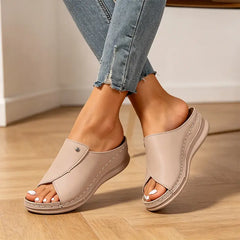 Papuci cu Platformă din Piele pentru Femei | Sandale Ortopedice Gură de Pește, Talpă Moale Anti-Durere, Absorbție Șocuri și Suport Zilnic