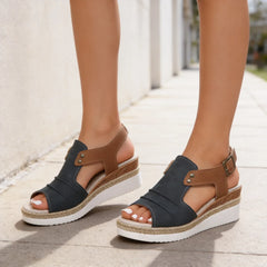 Sandale Fashion din Piele Naturală cu Talpă Tip Pană și Design Bicolor