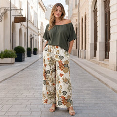 【La modă, mărimi mari】Set din 2 piese cu imprimeu (bluză cu umăr asimetric + pantaloni largi)