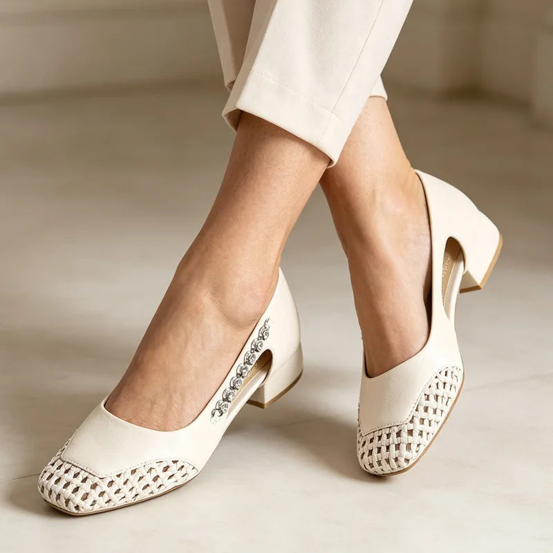 👡Pantofi cu toc mic vârf pătrat design împletit și aplicații cu strasuri