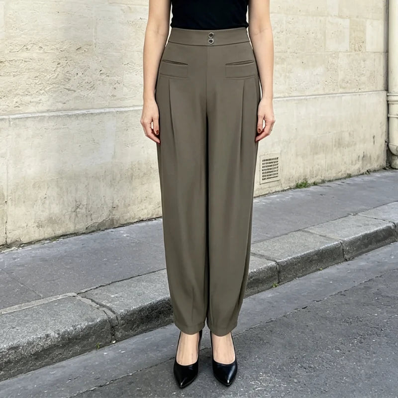 Pantaloni de Vară Subțiri cu Talie Înaltă pentru Femei – Croială Lejeră Anti-Strângere, Material Fluid cu Cădere Elegantă, Stil Harem