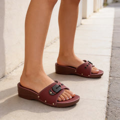 Papuci din piele naturală, în stil franțuzesc minimalist, cu platformă tip pană