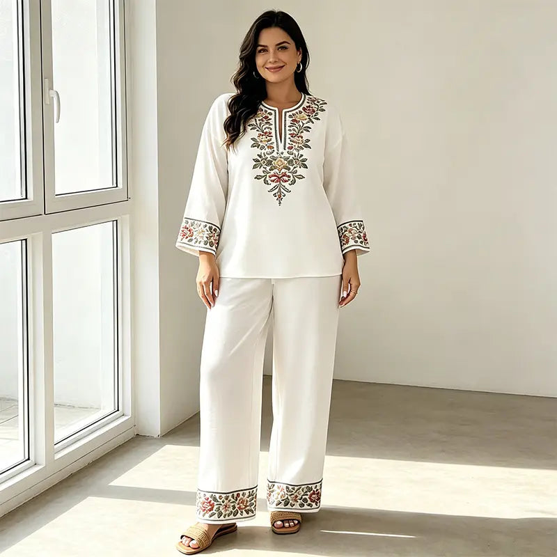 Costum de Vară din In Dama de 2 Piese, Bluza Lejeră cu Imprimeu Floral și Pantaloni Largi, Material Moale, Respirabil și Prietenos cu Pielea