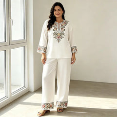 Costum de Vară din In Dama de 2 Piese, Bluza Lejeră cu Imprimeu Floral și Pantaloni Largi, Material Moale, Respirabil și Prietenos cu Pielea