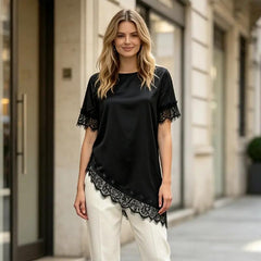 👚Top cu mânecă scurtă din satin, cu inserții de dantelă în stil francez, elegant și rafinat