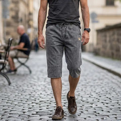 Pantaloni Scurți Denim Trei Sferturi pentru Bărbați, Blugi Subțiri și Reci de Vară, Talie Elastică cu Șnur, Model Oversize Relaxed Fit, Material Moale și Respirabil