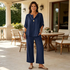 ✨Set de Damă Casual din 2 Piese – Bluză Lejeră cu Nasture și Pantaloni Largi, Material cu Aspect de In și Croială Modernă