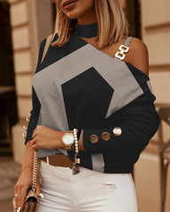 Bluză cu Mâneci Lungi, Umeri Descoperiți și Bretea Metalică – Devino Instant Fashionistă