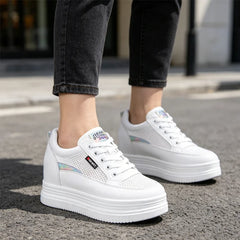 Pantofi Sport de Damă cu Platformă și Mesh – Sneakers Albi cu Talpă Înaltă, Respirabili și Confortabili