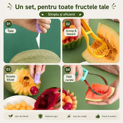 Set Multifuncțional 3 în 1 din Oțel Inoxidabil – Instrument pentru Cupat, Modelat și Curățat Fructe (Pepene, Pepene Galben, Kiwi) 🍉 Melon Baller & Carver Set