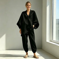 Costum Premium de Vacanță în Stil Boho: Set din Două Piese din Bumbac-In cu Croială Oversized și Decolteu în V – Confortabil și Elegant