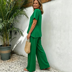 🌟【La comandă primești cadou colier layering stea & lună – doar pentru primele 100 de comenzi】Set modern cu design asimetric – tricou cu guler rotund + pantaloni largi
