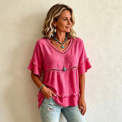 👚 Tricou din bumbac și in, stil boem, cu decupaje și mâneci cu volane și franjuri