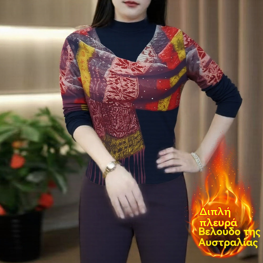 【Διπλής Όψης Thermo Ύφασμα】Υψηλής Ποιότητας & Μοντέρνα Μπλούζα με Τυπωμένο Σχέδιο και Ενσωματωμένο Κασκόλ