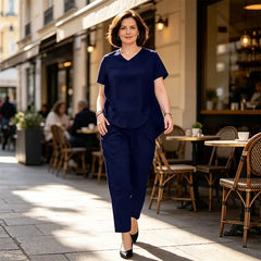 Set de Damă din 2 Piese – Bluză cu Guler în V și Nasturi Decorativi, Pantaloni cu Design Modern și Rafinat