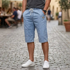 Pantaloni Scurți Denim Trei Sferturi pentru Bărbați, Blugi Subțiri și Reci de Vară, Talie Elastică cu Șnur, Model Oversize Relaxed Fit, Material Moale și Respirabil