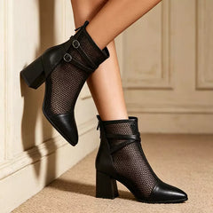 👢✨ Botine elegante în stil franțuzesc cu plasă perforată și toc gros – feminine, rafinate și confortabile