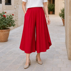Pantaloni Trei Sferturi Stil Culottes din Mătase Texturată, Pantaloni de Vară Subțiri și Răcoroși, Outfit Casual de Vacanță