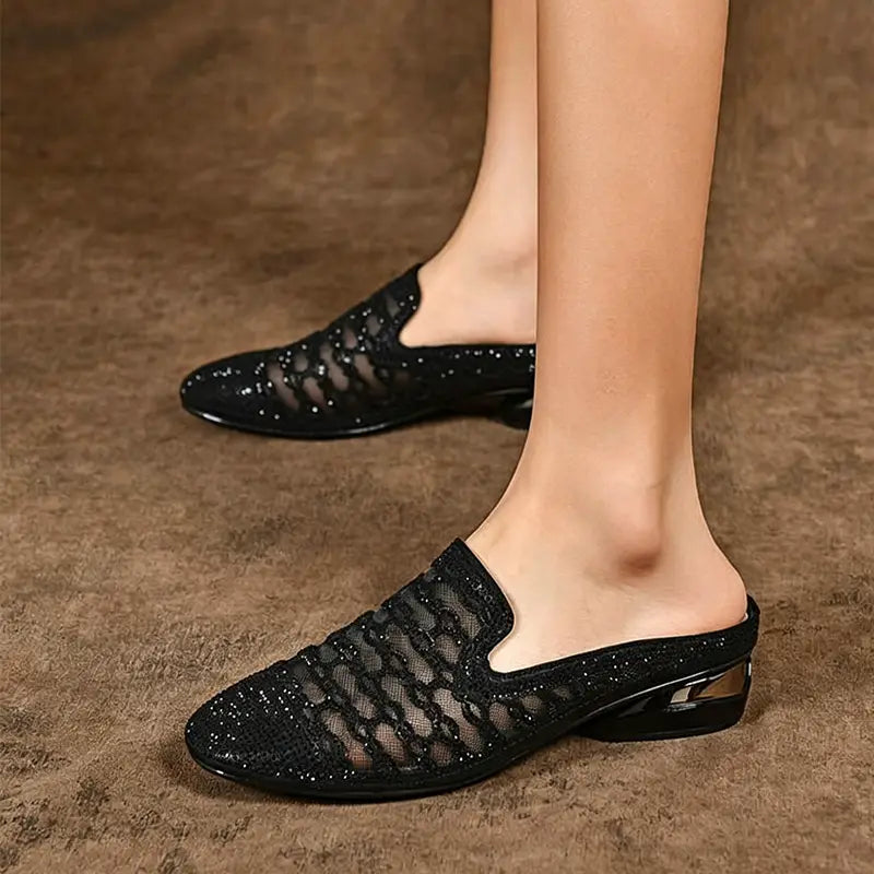 Papuci eleganți de vară: Design din plasă, împodobiți cu pietre, toc confortabil de 3 cm, mărimi 35-40