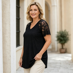 Tricou Modern cu Decolteu în V, Inserții din Dantelă și Paiete