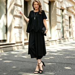 Set Elegant 2 Piese: Bluză Lejeră cu Margine Ondulată și Pantaloni Largi - Confortabil și Modern
