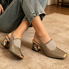 🖤【Material premium cu textură crocodil】sandale elegante și moderne cu plasă și toc gros