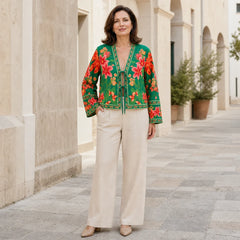 Cardigan Subțire de Vară Stil Boho Chic, Bluză Kimono cu Imprimeu Floral și Șnur de Legat, Top Lejer cu Mâneci Clopot pentru Femei