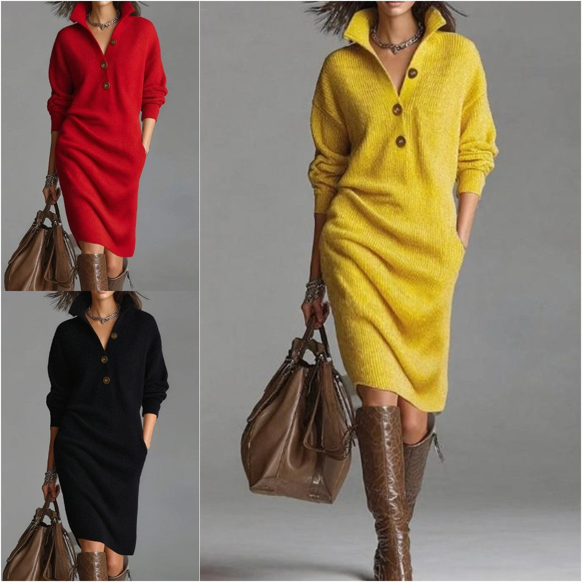 🔥【S-3XL】Νέο πλεκτό φόρεμα με γιακά σε ευρωπαϊκό και αμερικανικό στιλ