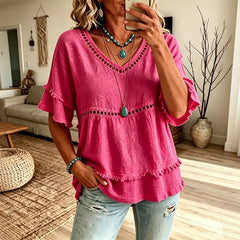 👚 Tricou din bumbac și in, stil boem, cu decupaje și mâneci cu volane și franjuri
