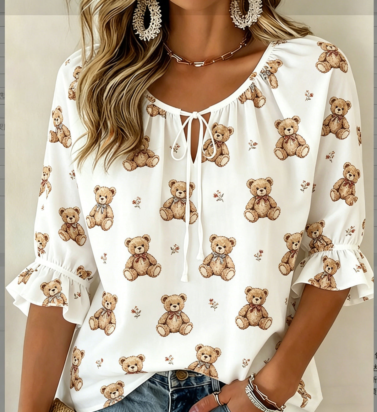 🧸👚 Bluză de vară din șifon, cu mânecă scurtă, imprimeu la modă și detaliu cu șnur