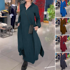 💋【35% OFF】【S-3XL】Αμιγές χρώμα V-λαιμός μακρύ μανίκι casual φόρεμα