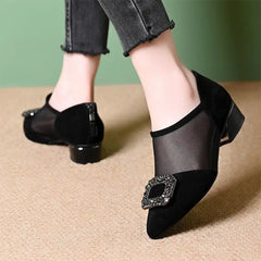 Pantofi Eleganți de Damă cu Plasă și Cataramă cu Pietre - Toc Gros și Design Rafinat