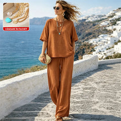 🏖️ Set casual de vacanță din in｜La comandă primești cadou un set de 3 coliere cu turcoaz – super avantajos✨