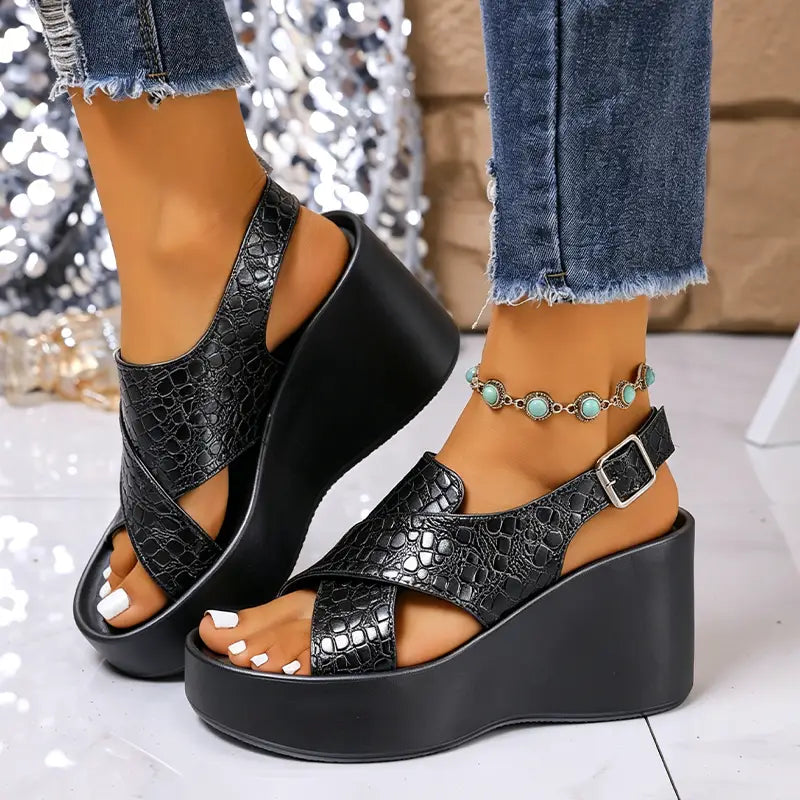 Sandale Elegante cu Platformă și Toc Pană 8cm: Barete Încrucișate Textură Croco, Mărimi Mari 35-42