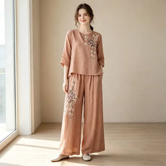 Set Elegant de Damă din In și Bumbac cu Broderie Florală, Compleu din Două Piese cu Bluză Lejeră și Pantaloni Largi